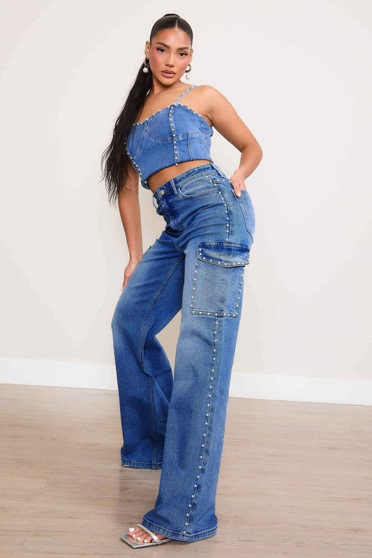 Pearl High-Rise Wide Leg Cargo Jeans Medium Stone by Vibrant M.i.U | Fleurcouture