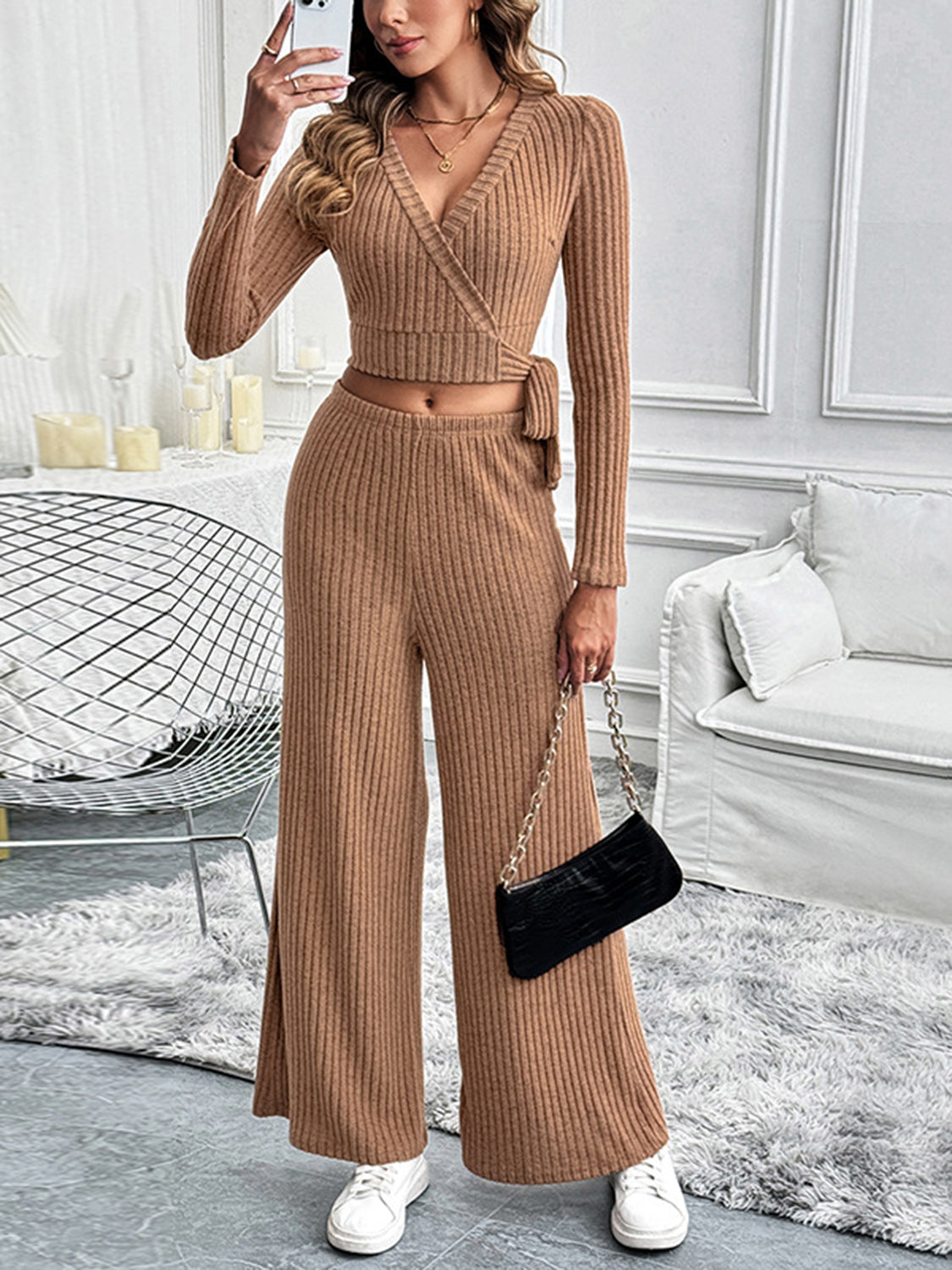 Perfee Surplice Long Sleeve Top and Pants Set Caramel S Women&