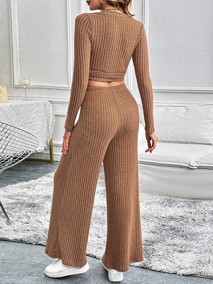 Perfee Surplice Long Sleeve Top and Pants Set Caramel Women&