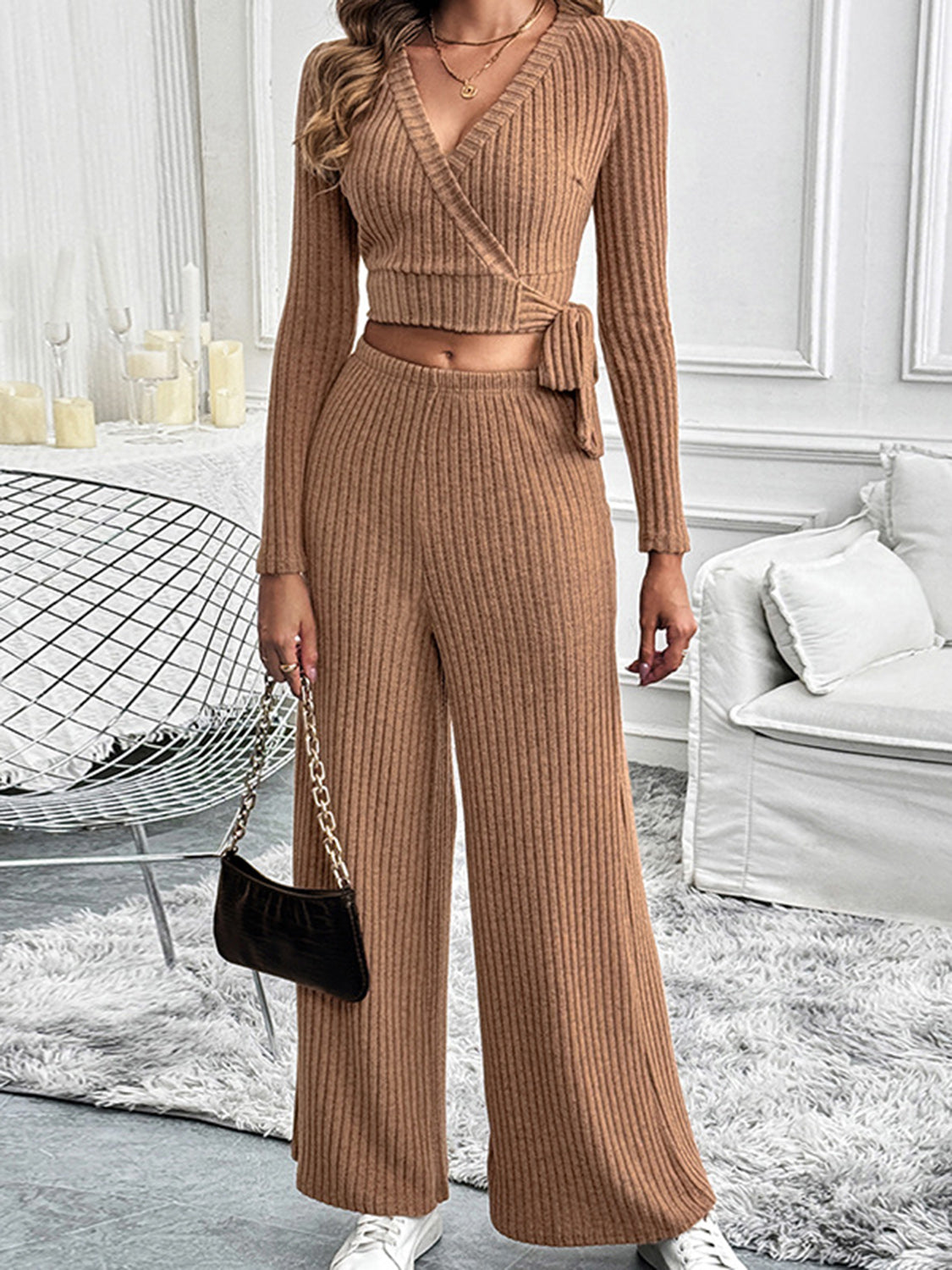 Perfee Surplice Long Sleeve Top and Pants Set Caramel Women&