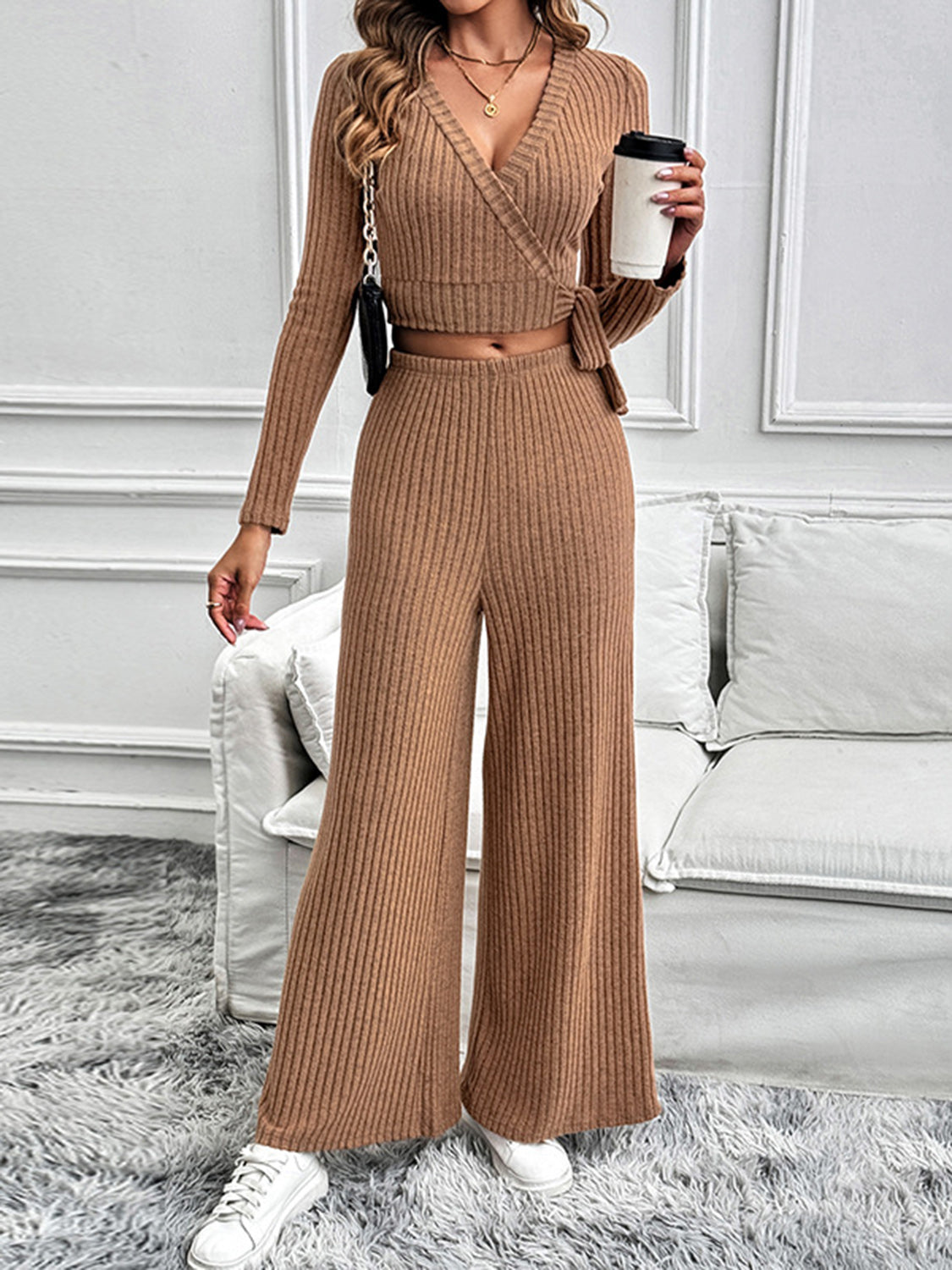 Perfee Surplice Long Sleeve Top and Pants Set Caramel Women&