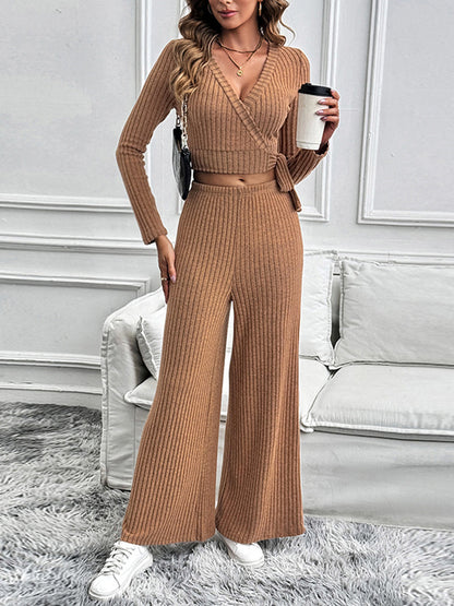 Perfee Surplice Long Sleeve Top and Pants Set Caramel Women&