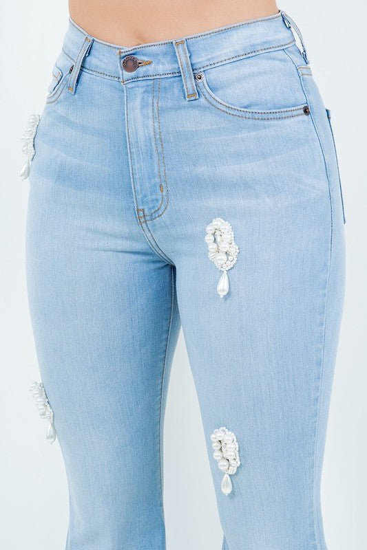 Perla Bell Bottom Jean - Inseam 32 Light Wash by GJG Denim | Fleurcouture