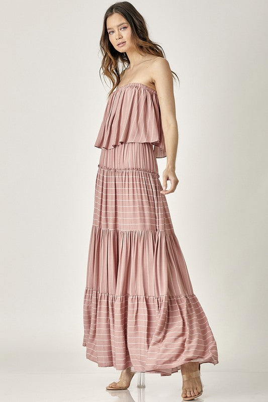 Pin Stripe Print Tube Maxi Dress DUSTY ROSE by Mustard Seed | Fleurcouture