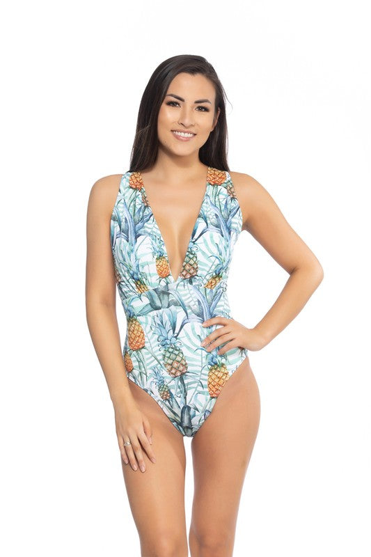 PINEAPPLE PRINT V NECKLINE ONE PIECE SWIMSUIT Tropical Print by Beach Joy Bikini | Fleurcouture