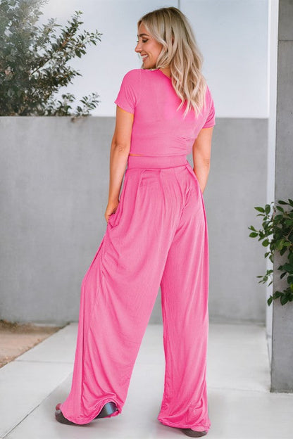 Pink Crop Top and Pleated Wide Leg Pants Set black sw625623-P2 by SHEWIN INC. | Fleurcouture