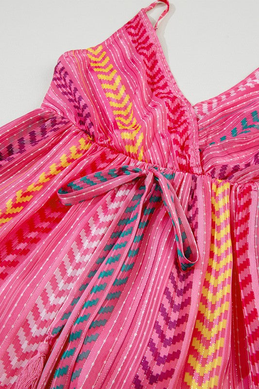 Pink Tribal Tassel Tie V Neck Surplice Maxi Dress one color by EG fashion | Fleurcouture