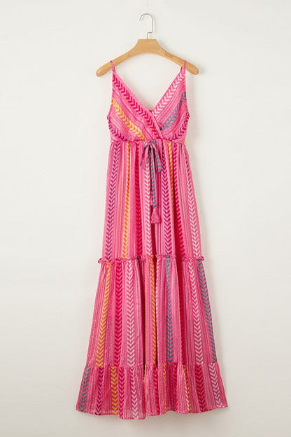 Pink Tribal Tassel Tie V Neck Surplice Maxi Dress one color by EG fashion | Fleurcouture