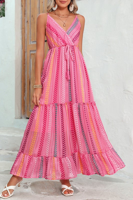 Pink Tribal Tassel Tie V Neck Surplice Maxi Dress one color S by EG fashion | Fleurcouture