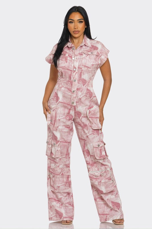 Pink Whisper Tie-Dye Jumpsuit pink denim by Athina | Fleurcouture