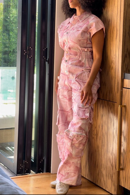 Pink Whisper Tie-Dye Jumpsuit pink denim by Athina | Fleurcouture