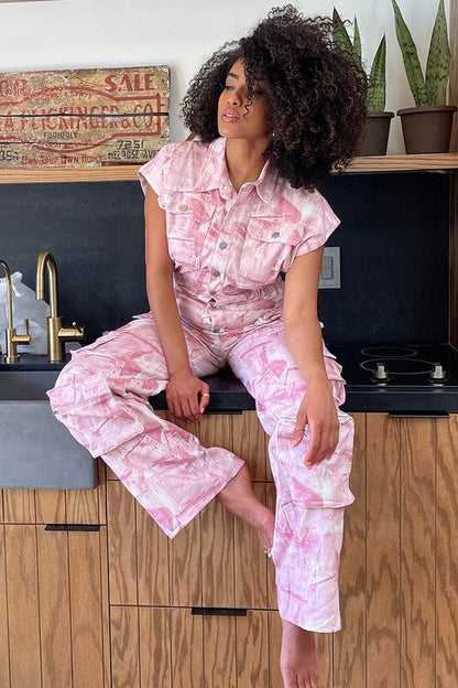 Pink Whisper Tie-Dye Jumpsuit pink denim by Athina | Fleurcouture