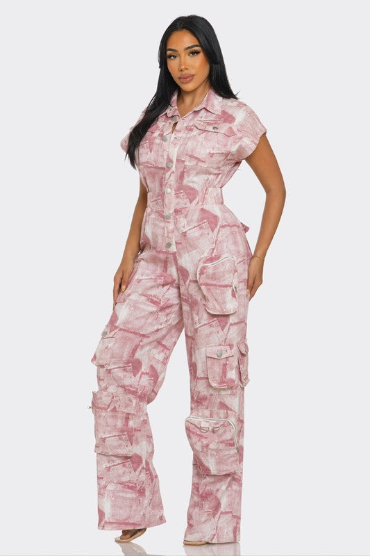 Pink Whisper Tie-Dye Jumpsuit pink denim by Athina | Fleurcouture