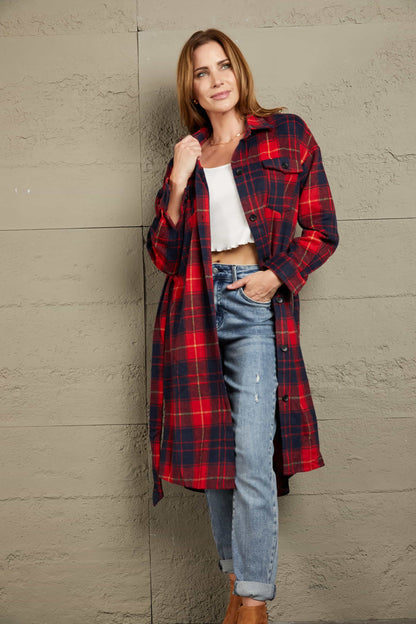 Plaid Belted Button Down Longline Shirt Jacket Red S by Trendsi | Fleurcouture