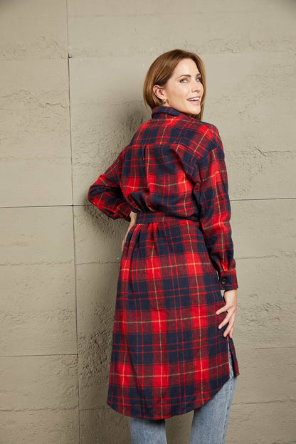 Plaid Belted Button Down Longline Shirt Jacket Red by Trendsi | Fleurcouture