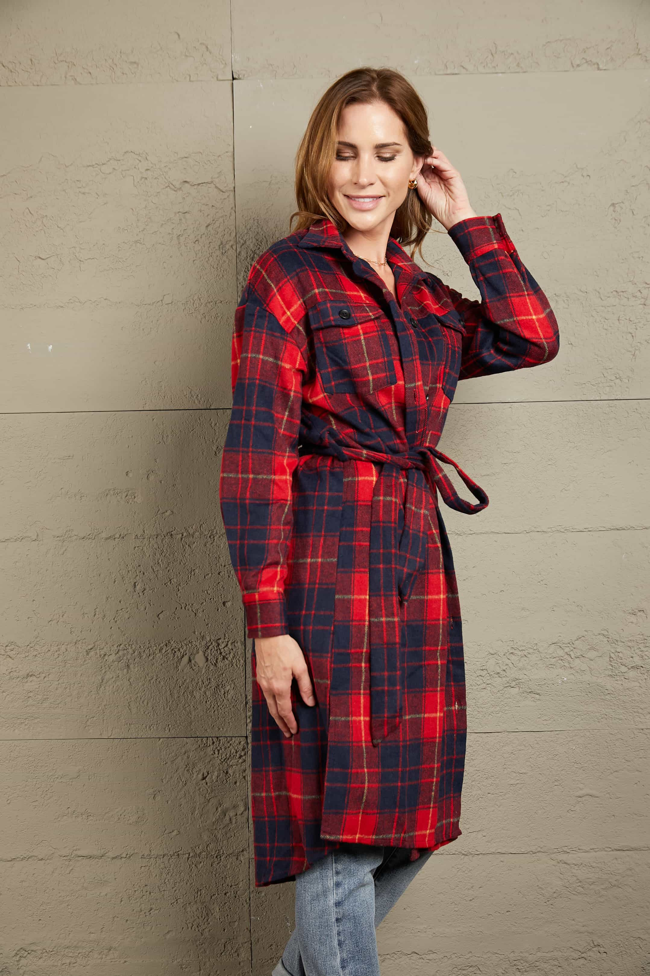 Plaid Belted Button Down Longline Shirt Jacket Red by Trendsi | Fleurcouture