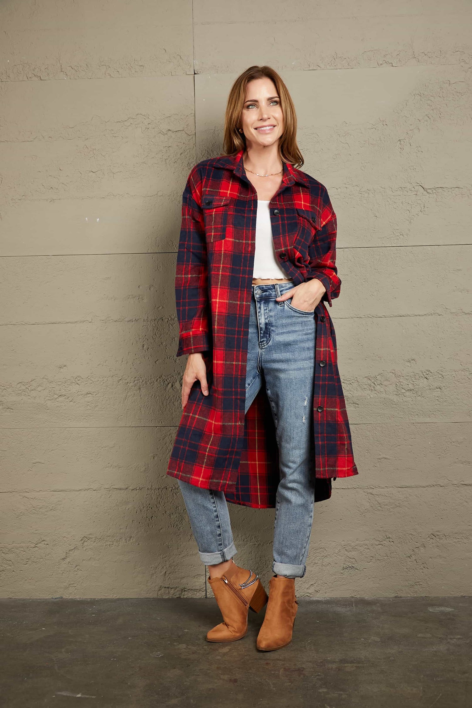 Plaid Belted Button Down Longline Shirt Jacket Red by Trendsi | Fleurcouture