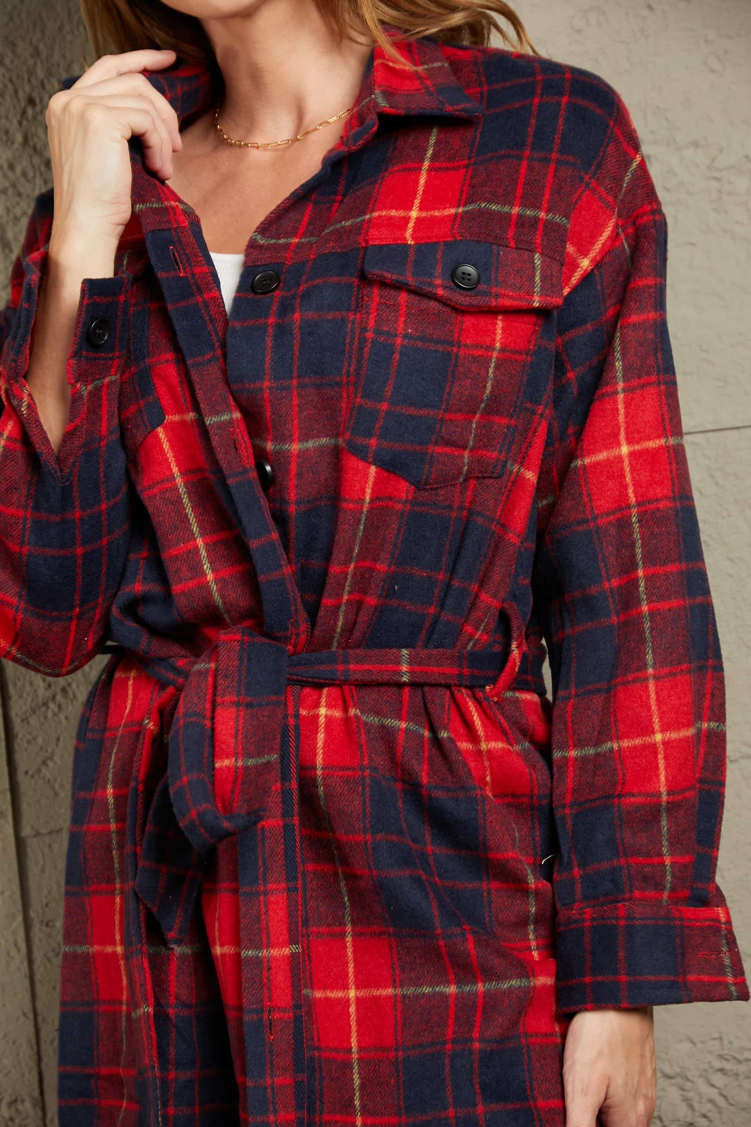 Plaid Belted Button Down Longline Shirt Jacket Red by Trendsi | Fleurcouture