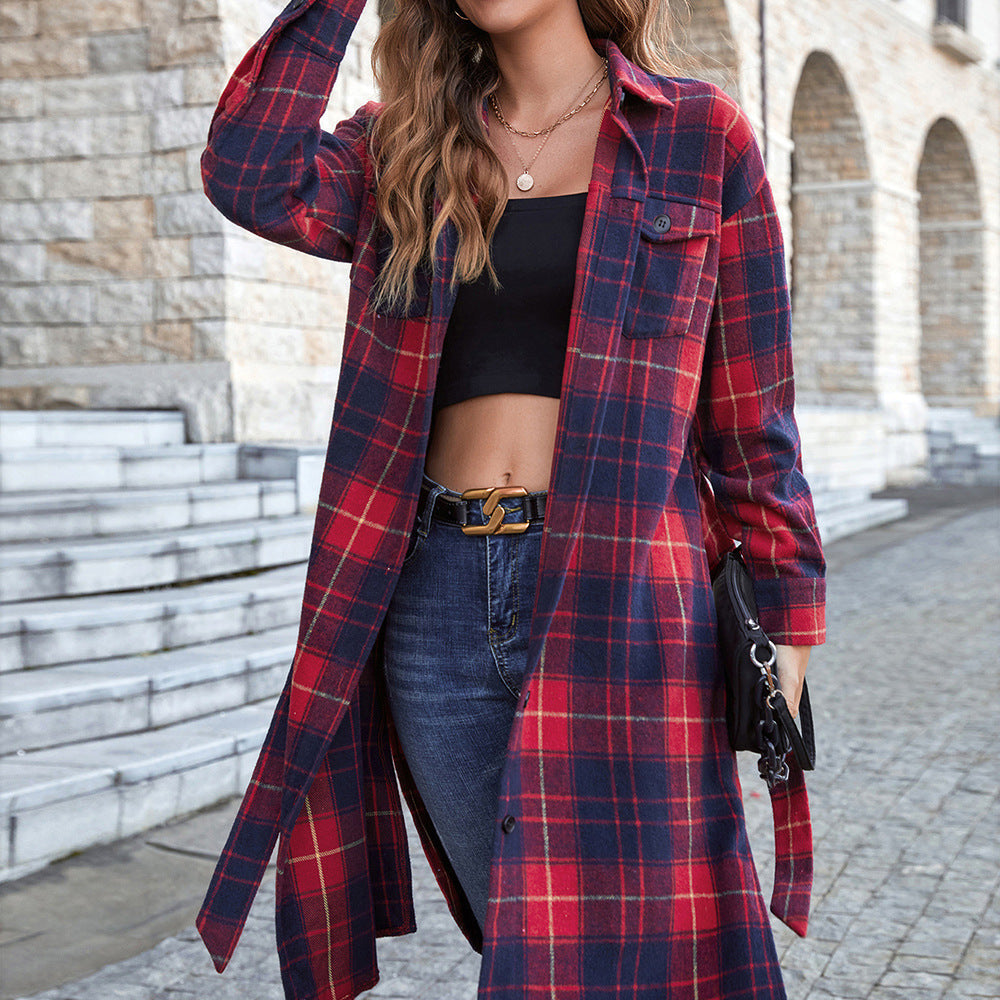 Plaid Belted Button Down Longline Shirt Jacket Red by Trendsi | Fleurcouture