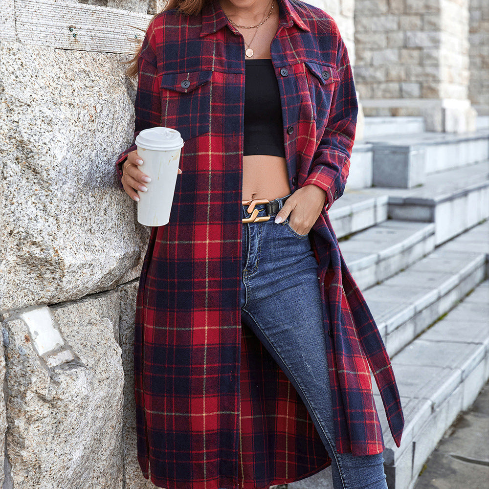 Plaid Belted Button Down Longline Shirt Jacket Red by Trendsi | Fleurcouture