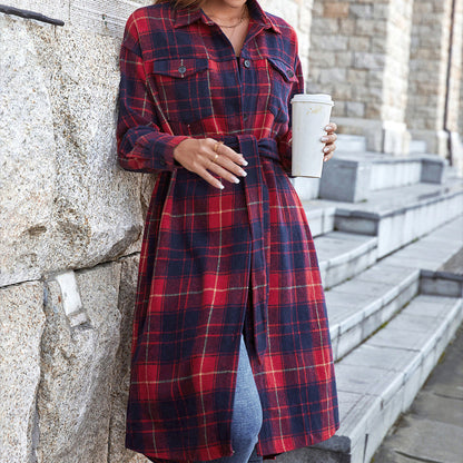 Plaid Belted Button Down Longline Shirt Jacket Red by Trendsi | Fleurcouture