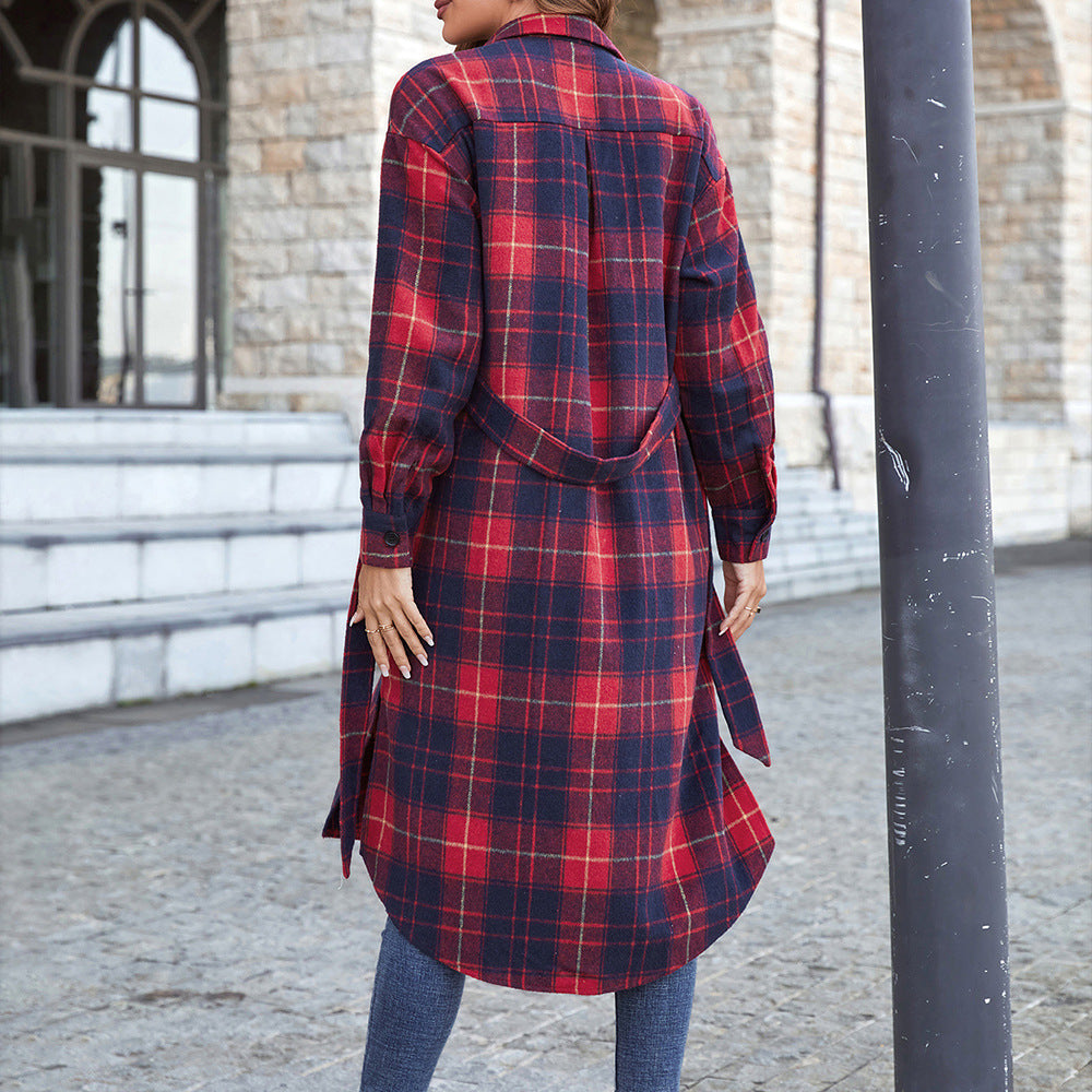 Plaid Belted Button Down Longline Shirt Jacket Red by Trendsi | Fleurcouture