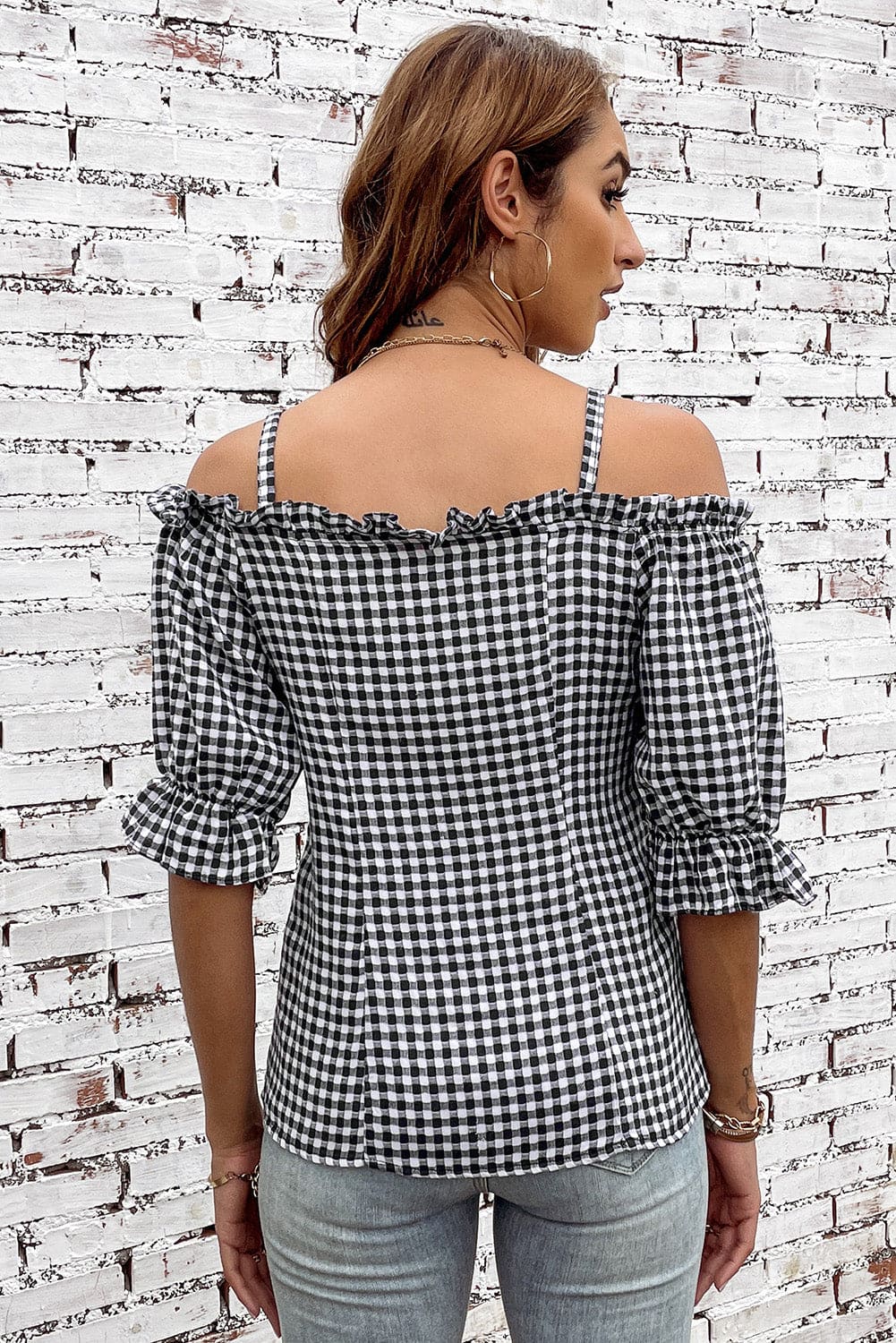 Plaid Buttoned Sweetheart Neck Cold-Shoulder Top Plaid by Trendsi | Fleurcouture