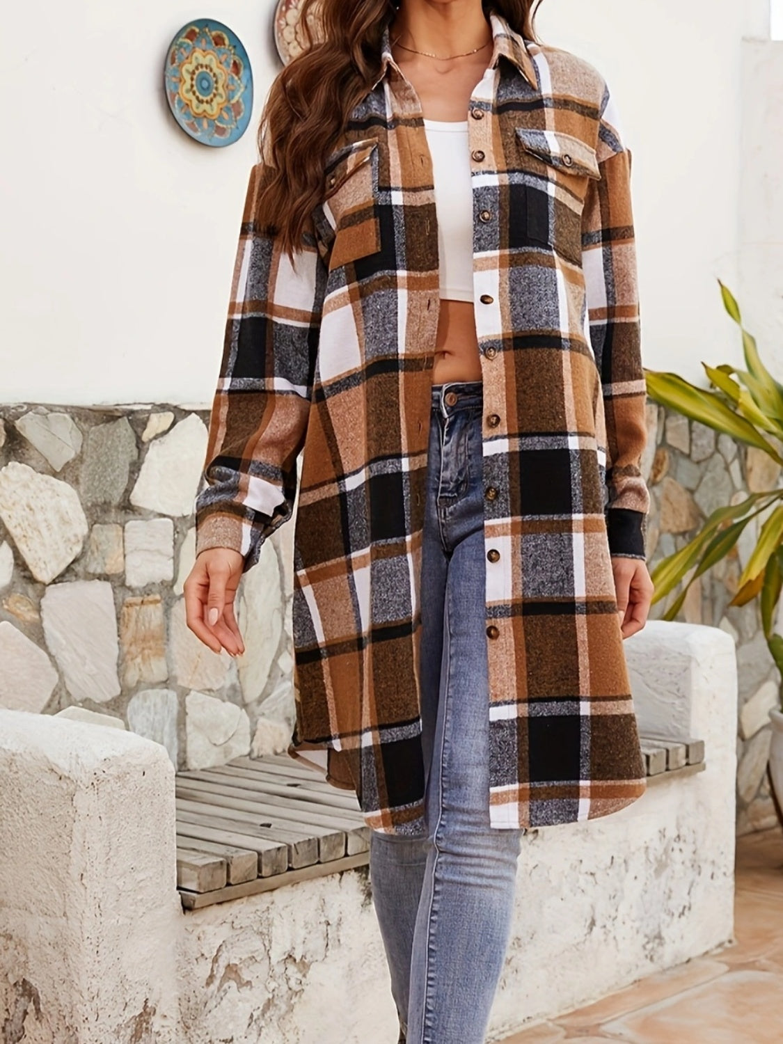 Plaid Collared Neck Long Sleeve Jacket Camel Women&