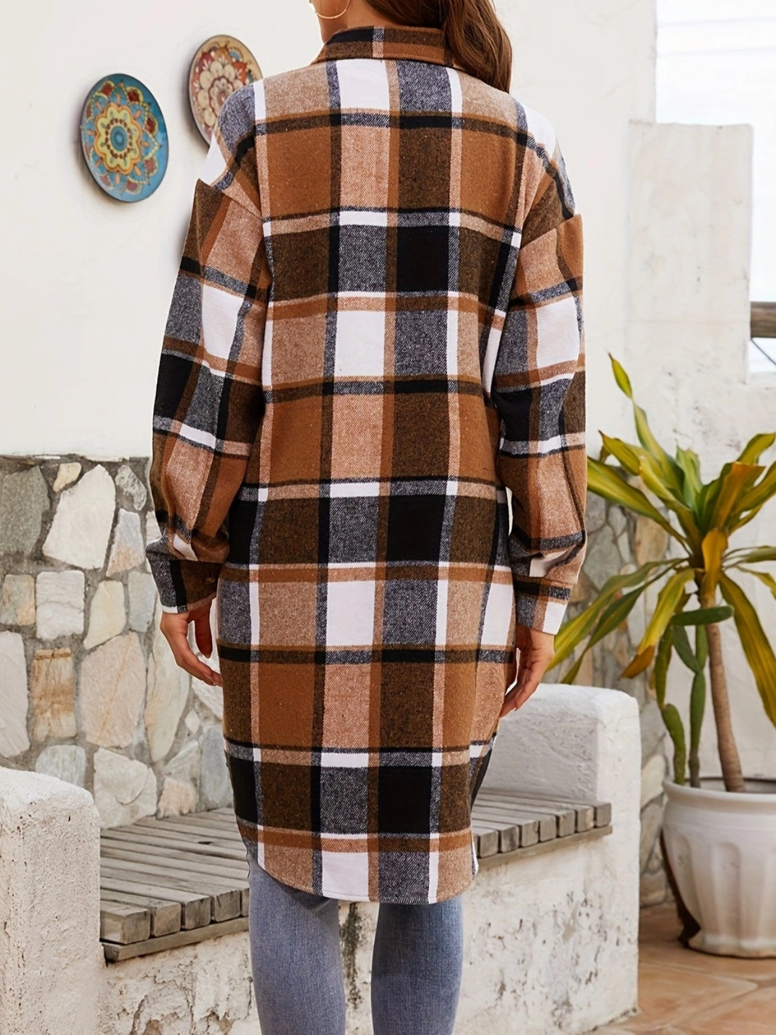 Plaid Collared Neck Long Sleeve Jacket Camel Women&