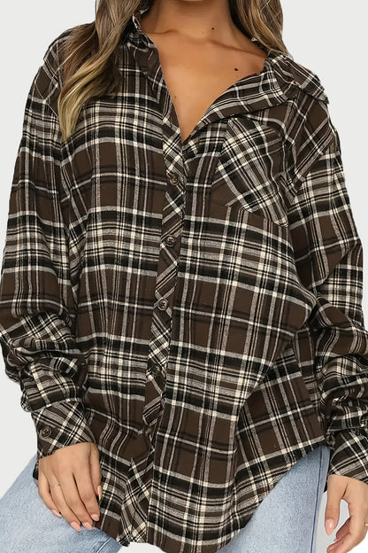 Plaid Collared Neck Long Sleeve Shirt Chocolate S Women&