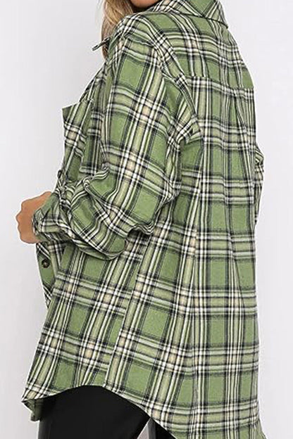 Plaid Collared Neck Long Sleeve Shirt Women&