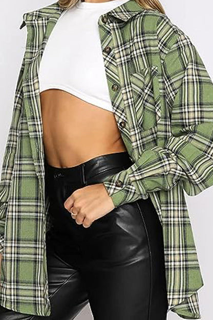 Plaid Collared Neck Long Sleeve Shirt Women&