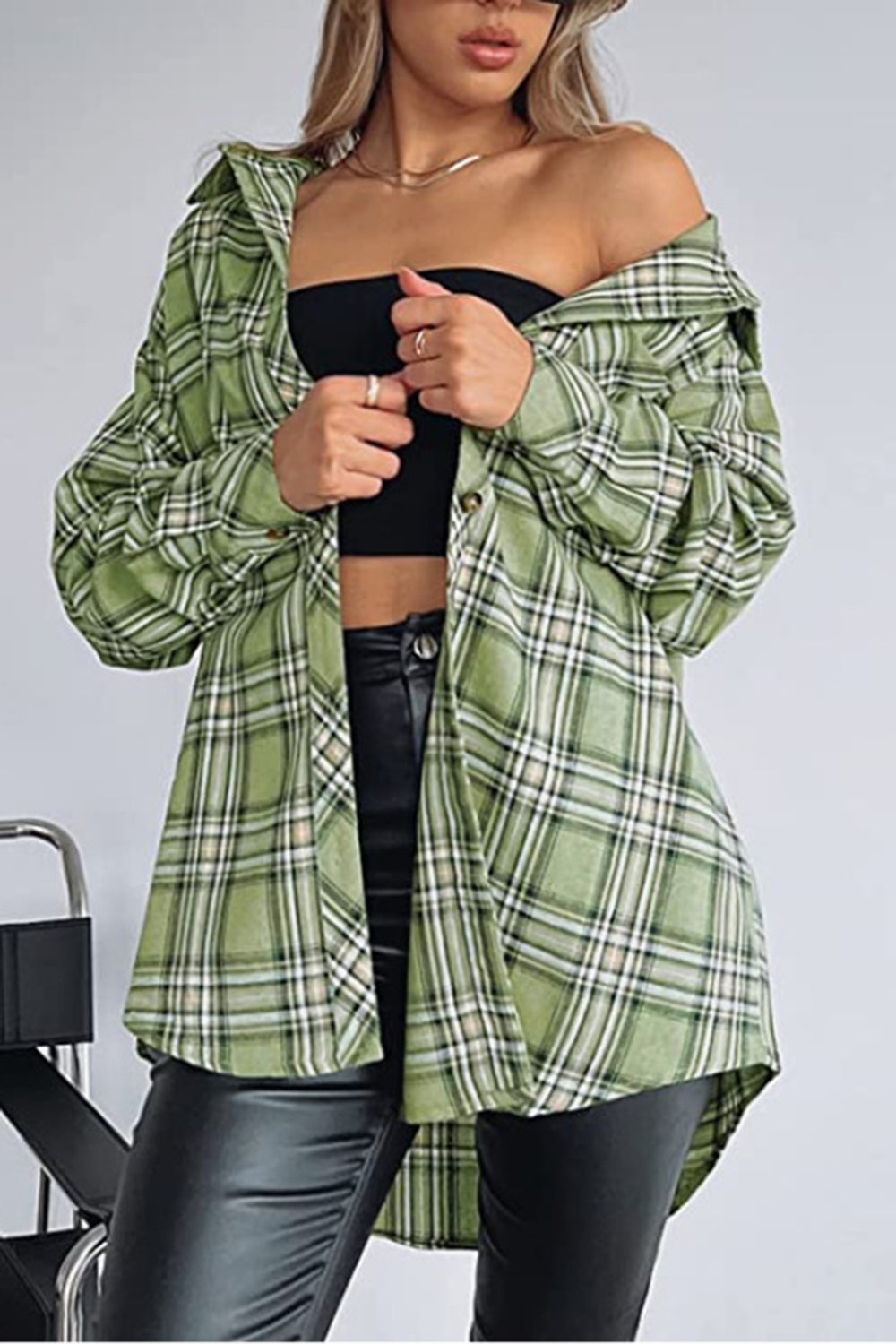 Plaid Collared Neck Long Sleeve Shirt Women&