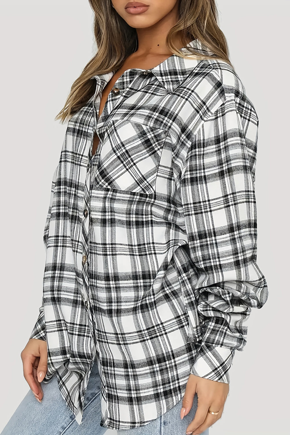 Plaid Collared Neck Long Sleeve Shirt Women&