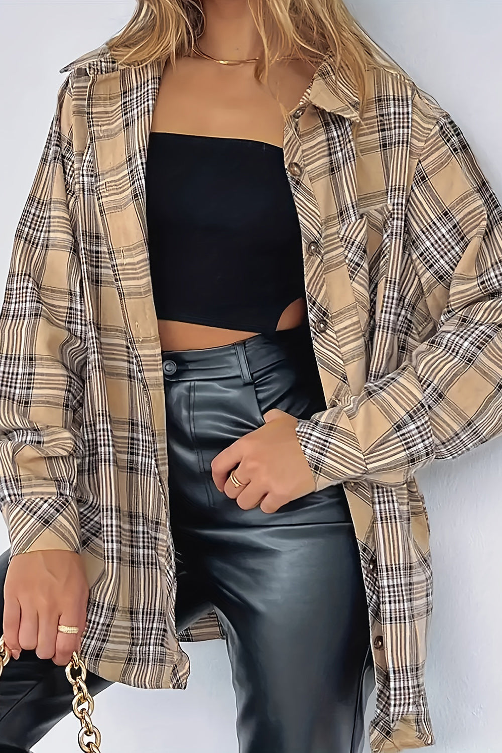 Plaid Collared Neck Long Sleeve Shirt Women&