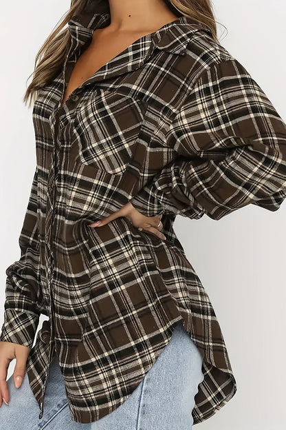 Plaid Collared Neck Long Sleeve Shirt Women&