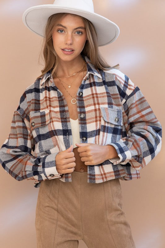 Plaid Crop Shirt Jacket Teal L by Blue B | Fleurcouture