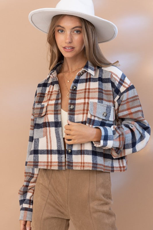 Plaid Crop Shirt Jacket Teal L by Blue B | Fleurcouture