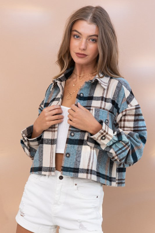 Plaid Crop Shirt Jacket Teal L by Blue B | Fleurcouture