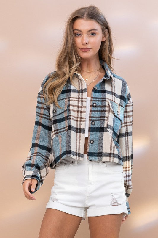 Plaid Crop Shirt Jacket Teal L by Blue B | Fleurcouture