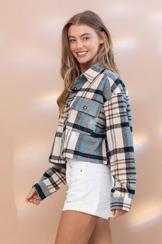 Plaid Crop Shirt Jacket Teal L by Blue B | Fleurcouture