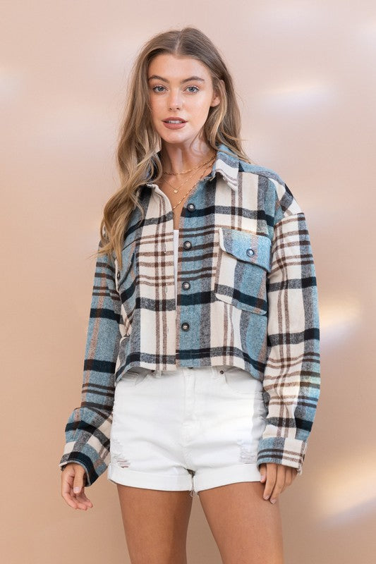 Plaid Crop Shirt Jacket Teal L by Blue B | Fleurcouture