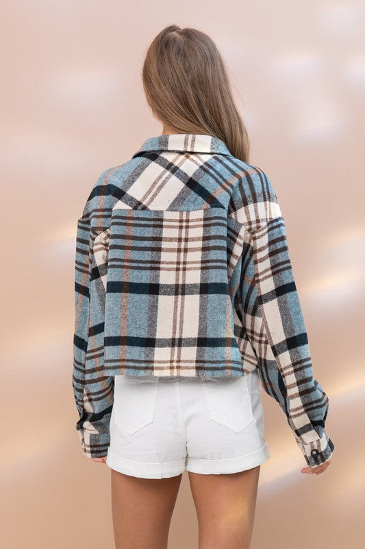 Plaid Crop Shirt Jacket Teal L by Blue B | Fleurcouture