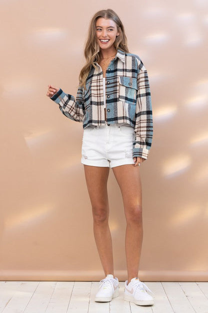 Plaid Crop Shirt Jacket Teal L by Blue B | Fleurcouture