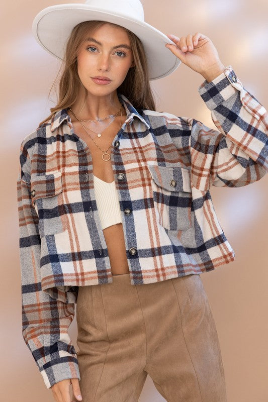 Plaid Crop Shirt Jacket Teal L by Blue B | Fleurcouture