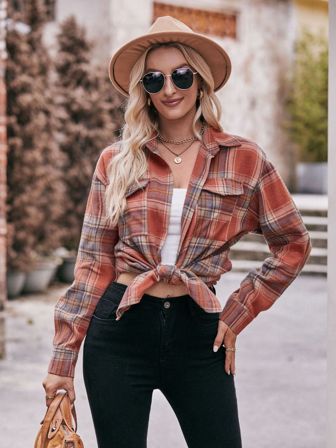 Plaid Dropped Shoulder Longline Shirt Brick Red S by Trendsi | Fleurcouture