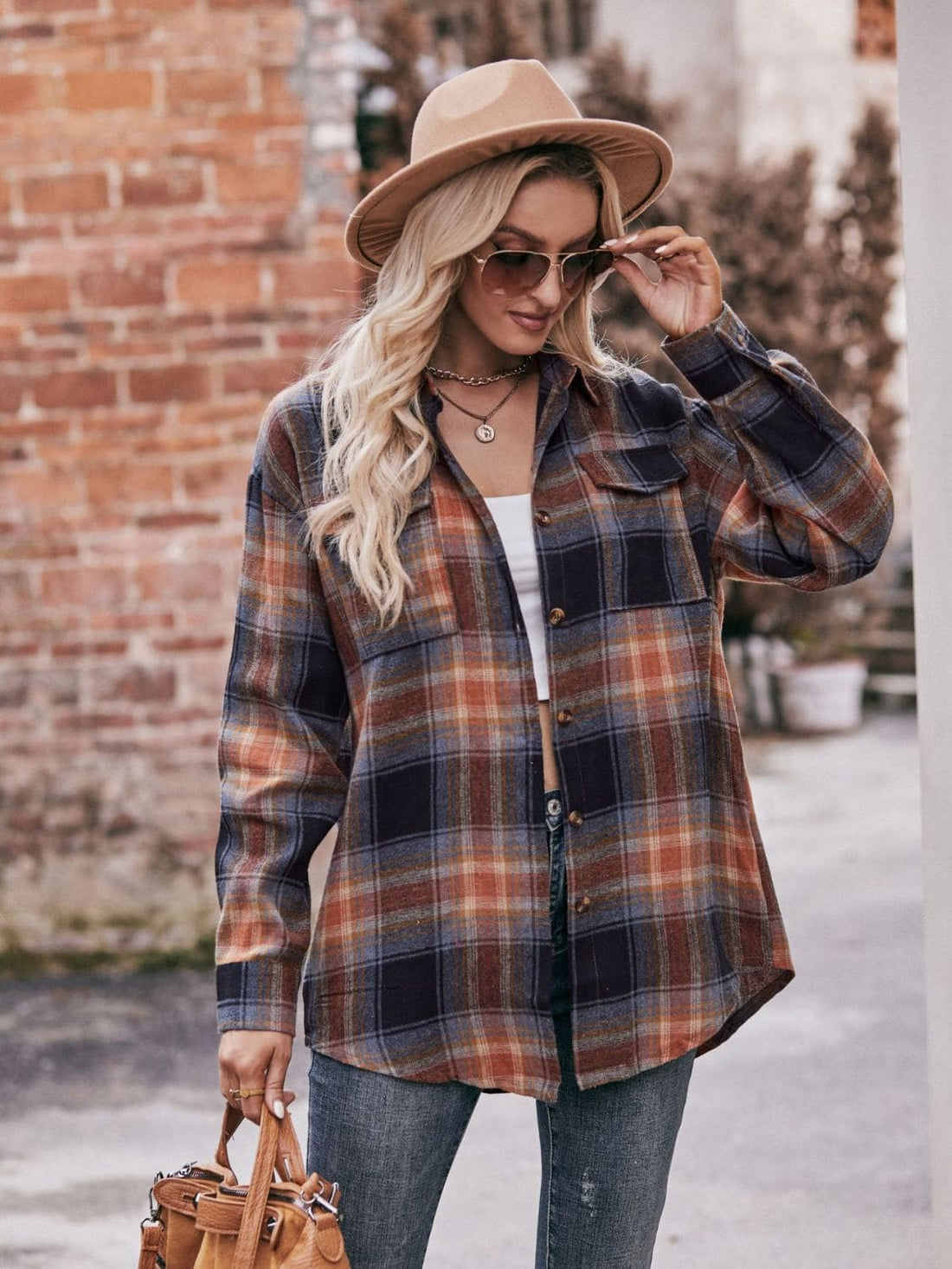 Plaid Dropped Shoulder Longline Shirt Brown Black S by Trendsi | Fleurcouture