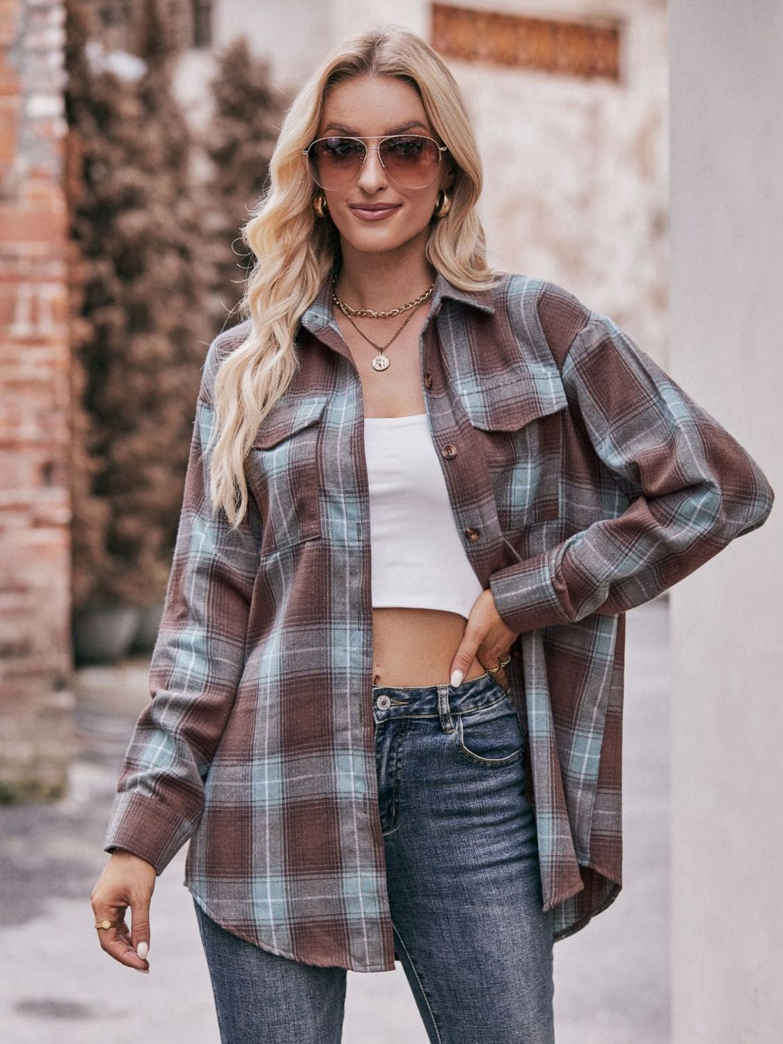 Plaid Dropped Shoulder Longline Shirt Brown Green S by Trendsi | Fleurcouture