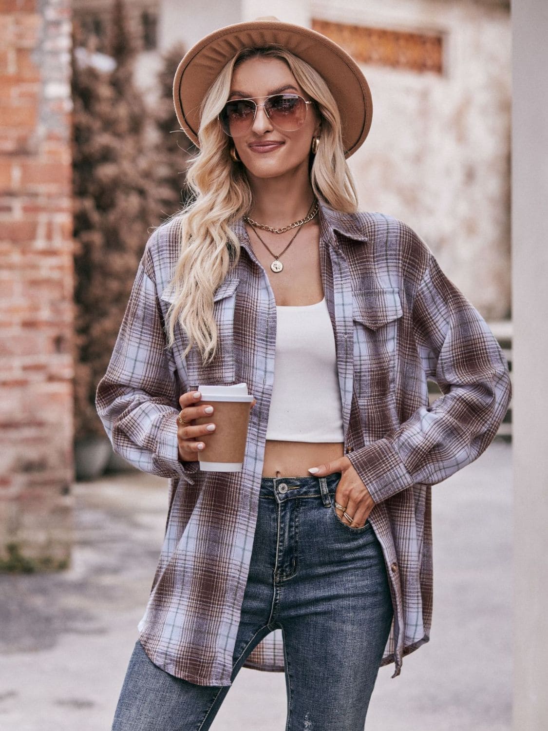 Plaid Dropped Shoulder Longline Shirt Coffee White S by Trendsi | Fleurcouture