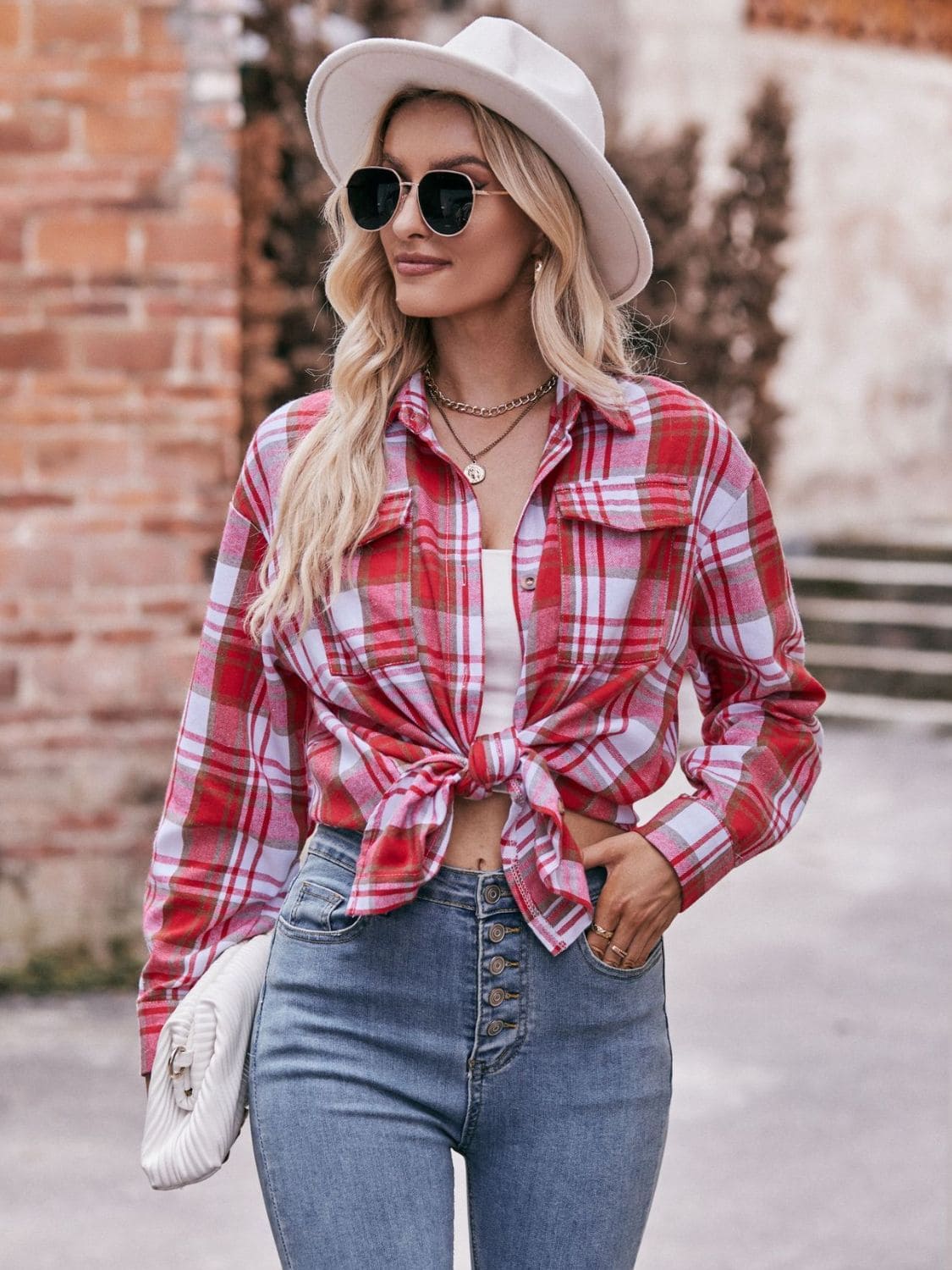 Plaid Dropped Shoulder Longline Shirt Deep Red S by Trendsi | Fleurcouture